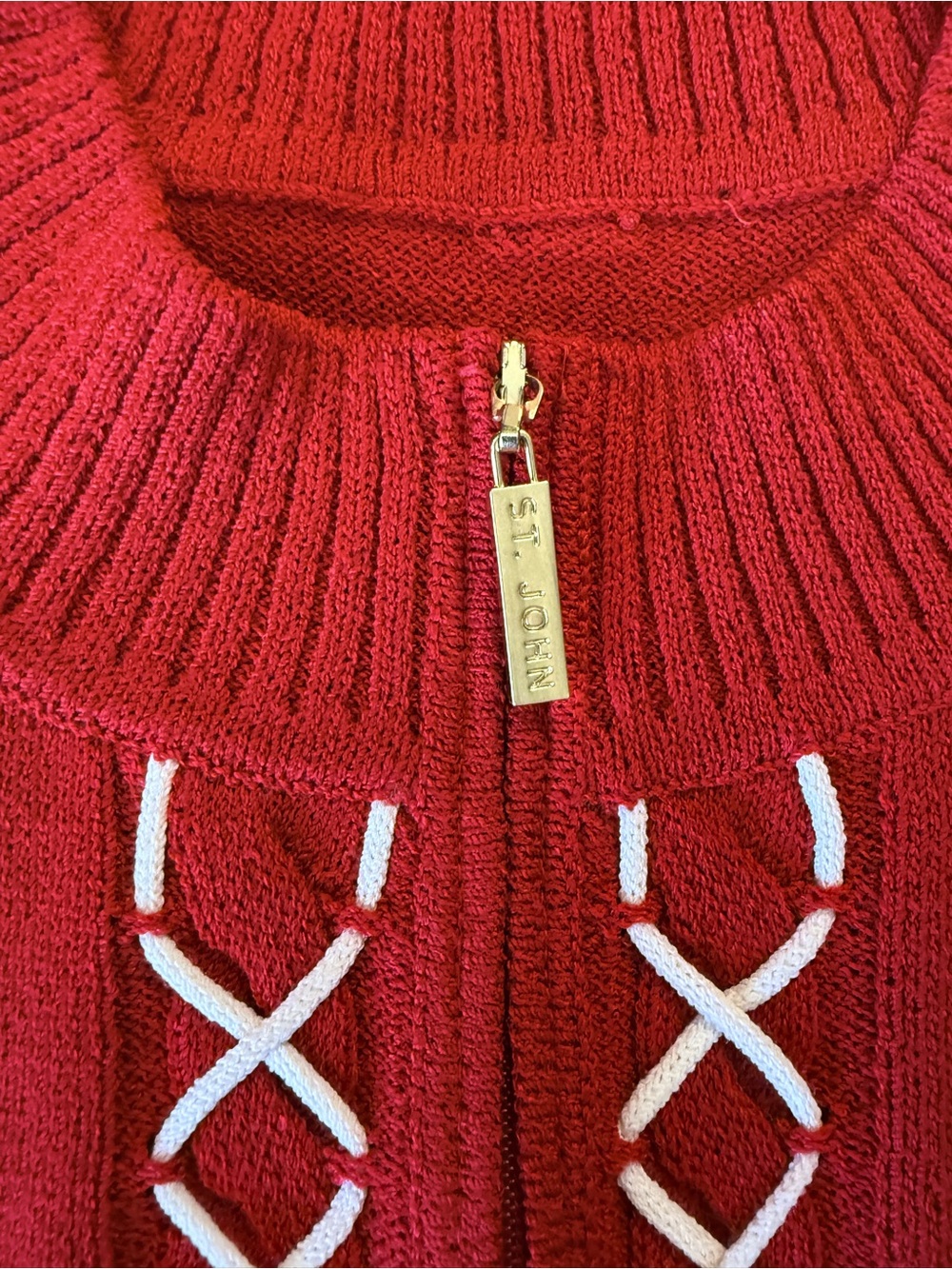 St. John Red Knit Zip Jacket White Lace Up Corset Trim Gold Hardware Size 4 - Picture 3 of 8